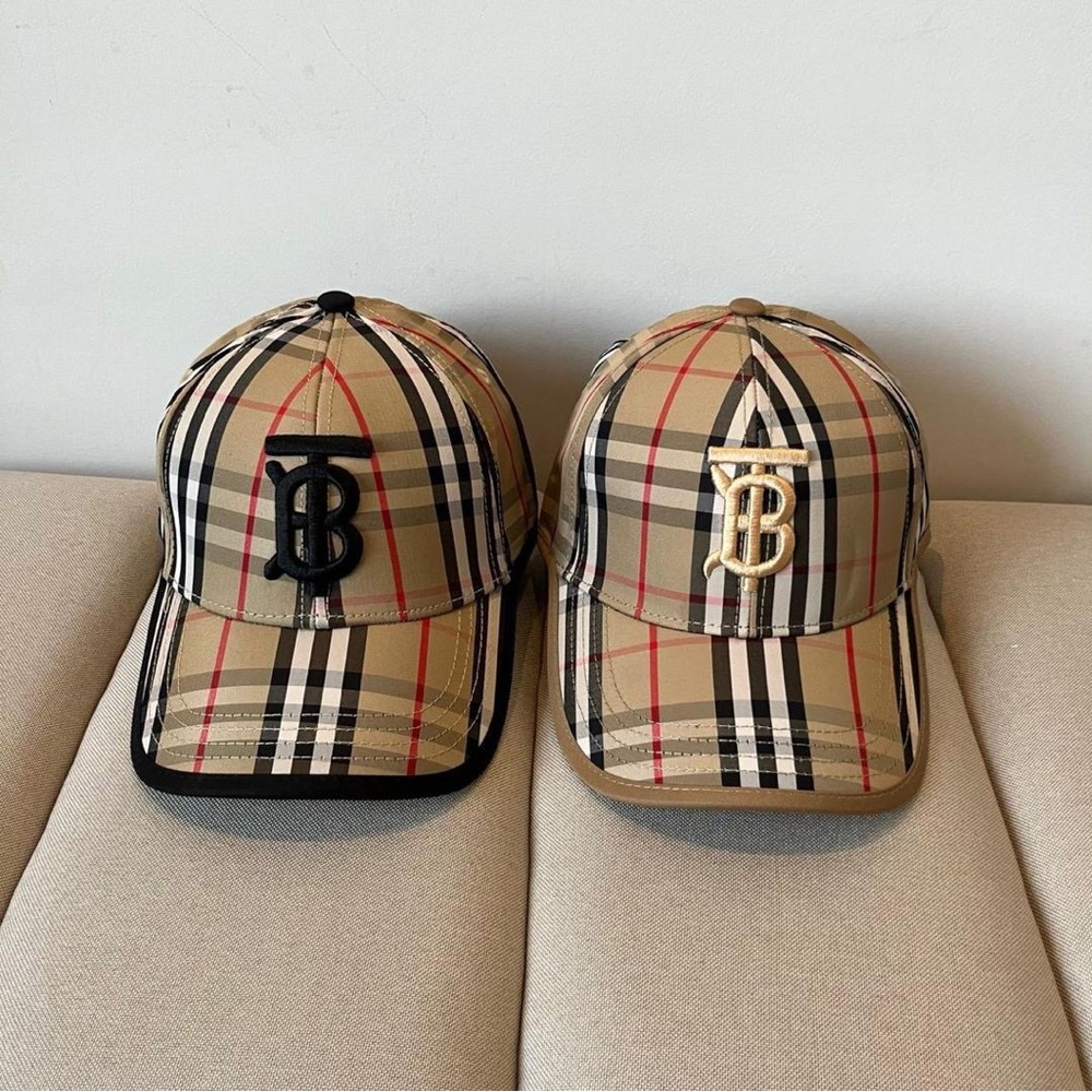 Burberry Beige Check Caps with Logo Embroidery